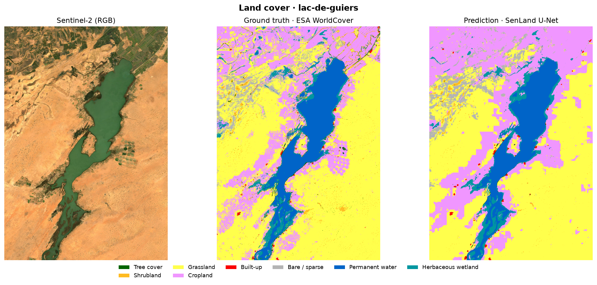 Lac de Guiers — Sentinel-2, vérité terrain, prédiction