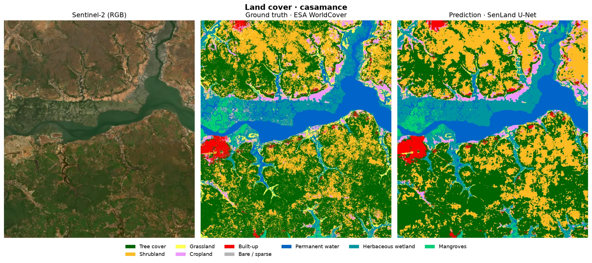 Casamance — Sentinel-2, vérité terrain, prédiction