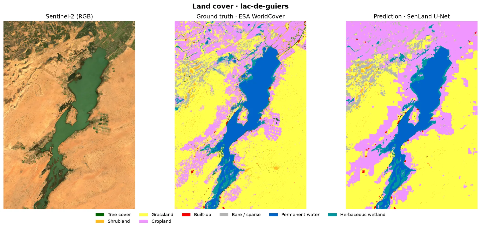Lac de Guiers — Sentinel-2, vérité terrain, prédiction